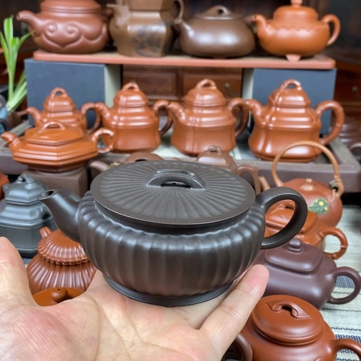 茶壶紫砂筋纹汉瓦260CC原生矿黑料特价