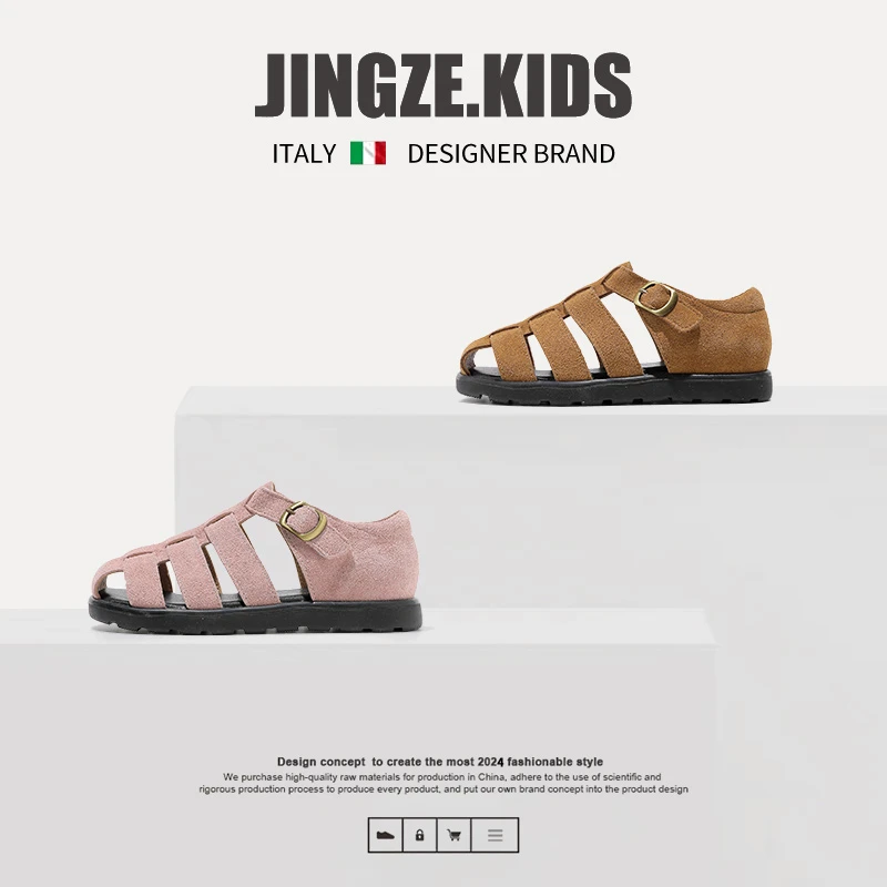 静泽童鞋2024夏季新款真皮罗马凉鞋复古复古包头猪笼鞋休闲凉鞋潮