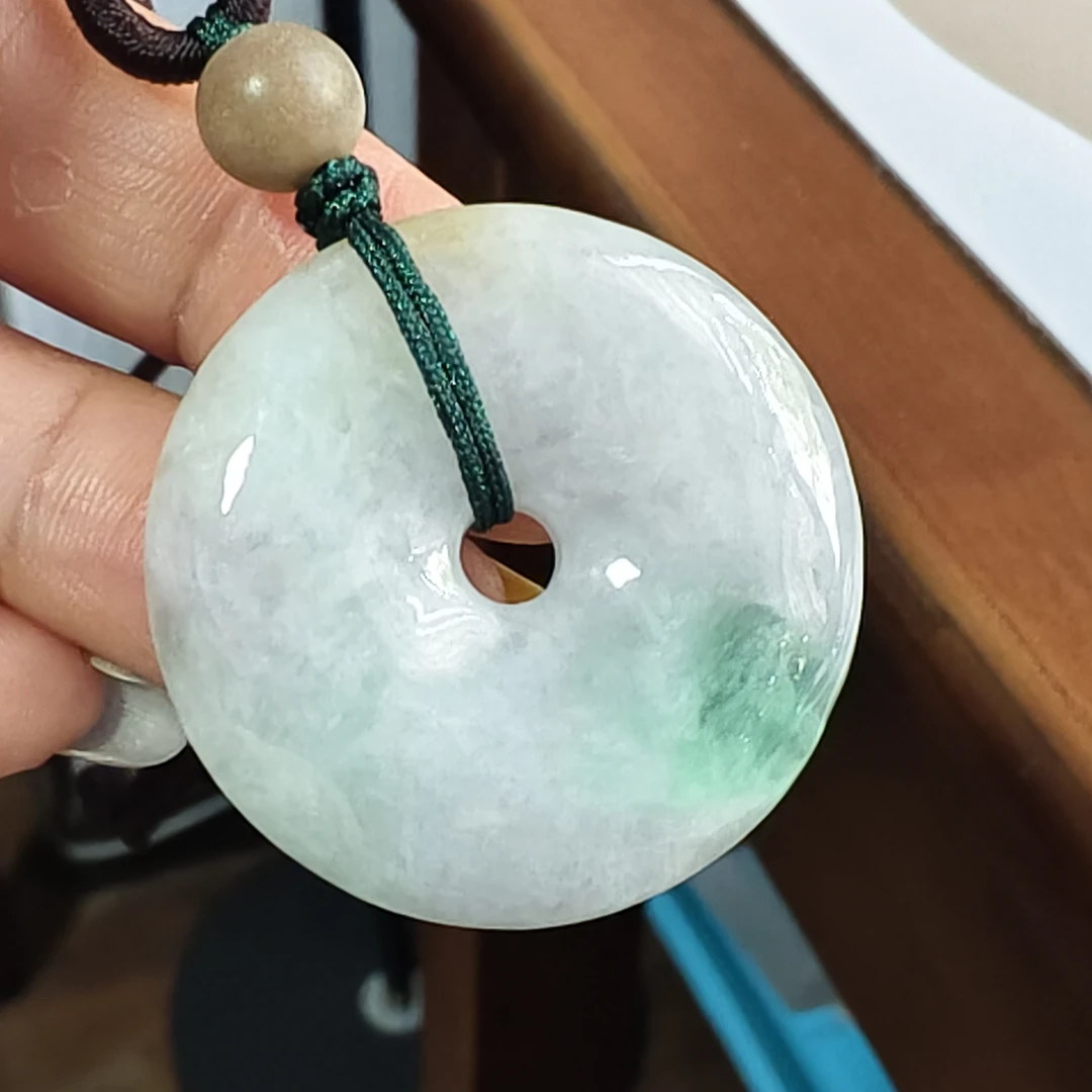 天然A货缅甸翡翠吊坠春彩紫罗兰飘绿花平安扣34.8*8.1mm玉坠挂件