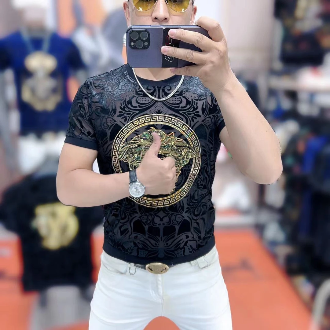 力龍潮牌男士高定夏季新款重工美人时尚冰丝修身潮流T桖