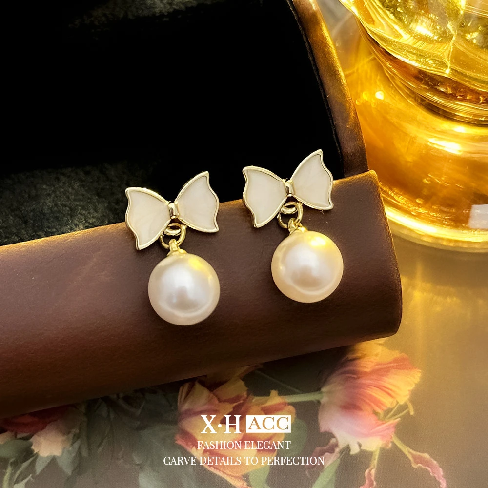 合金耳饰 B150优雅蝴蝶结珍珠耳钉925气质小香风耳环轻奢耳饰