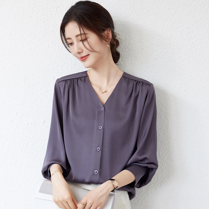 气质女士丝质衬衫宽松显痩拼接设计长袖职场优雅服饰百搭洋气上衣