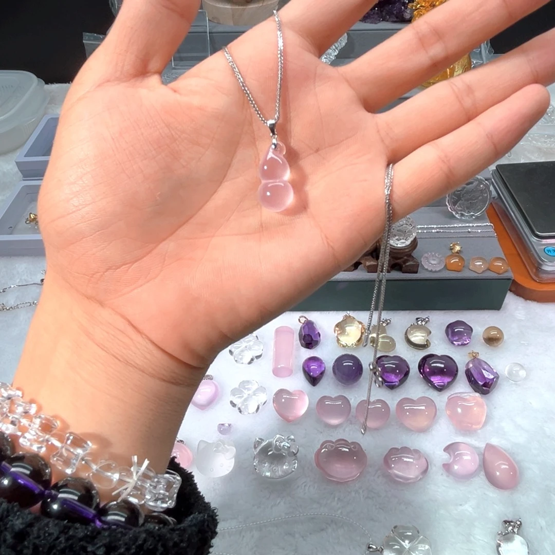 银S925镶嵌水晶摆件粉水晶小葫芦