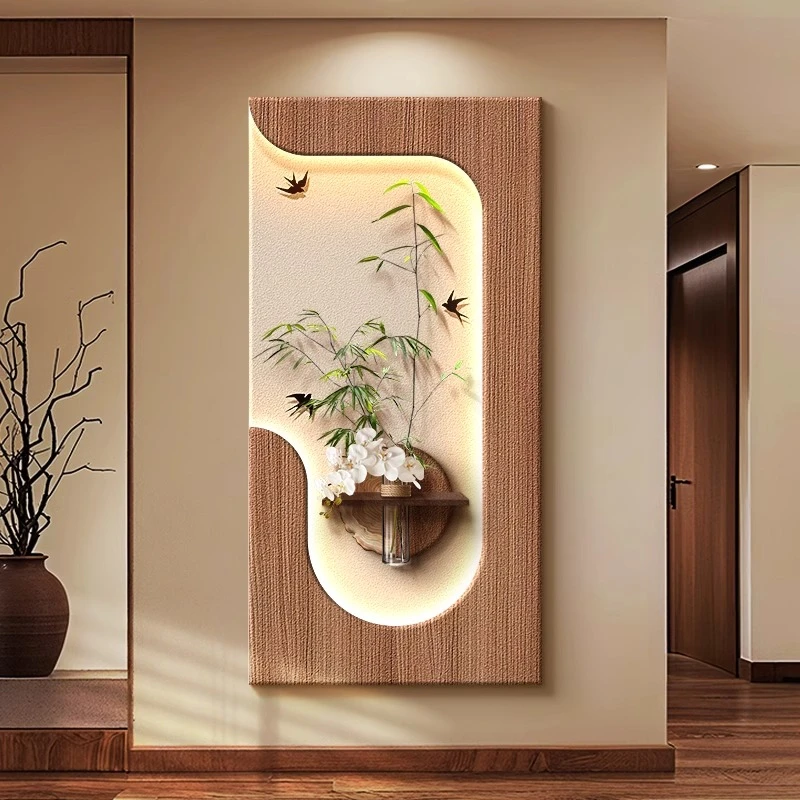 水培绿植中古风玄关装饰画立体砂岩走廊过道挂画入户造型墙面