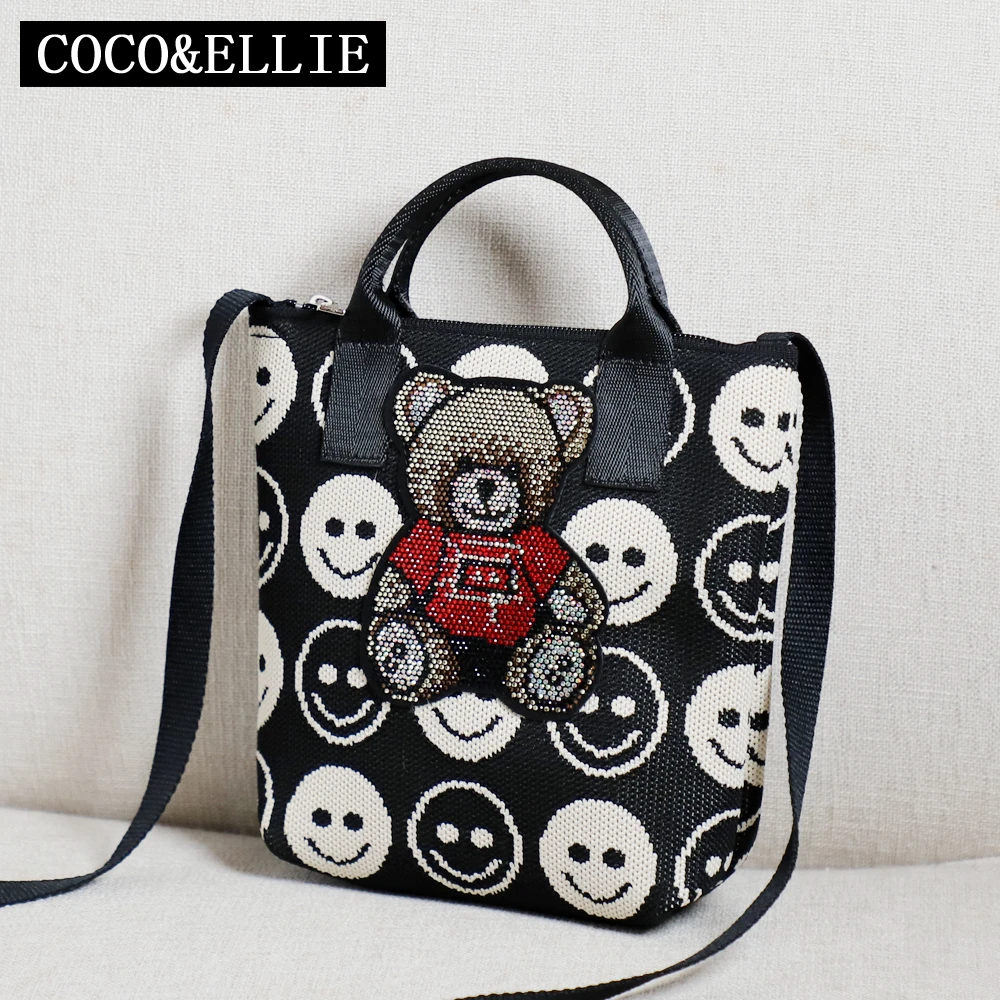 小红熊图案配黑白笑脸纹路手提包单肩女包斜挎包-A8774