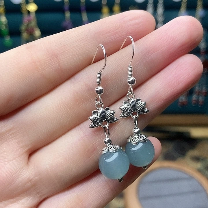 石英质玉耳钉银S925镶嵌