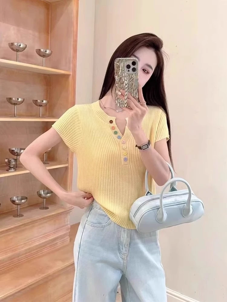 （编码001-100）2025春夏新款洋气条纹圆领镂空针织短袖上衣女修身