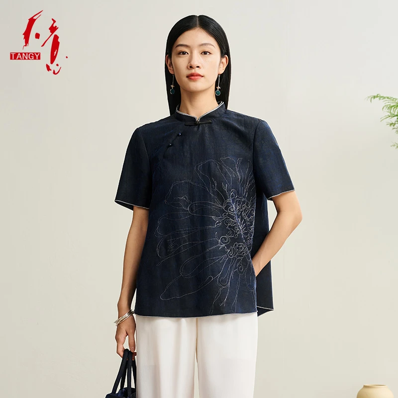 TANGY/天意2025夏季新款欧诺新中式印花桑蚕丝女士T恤2252041