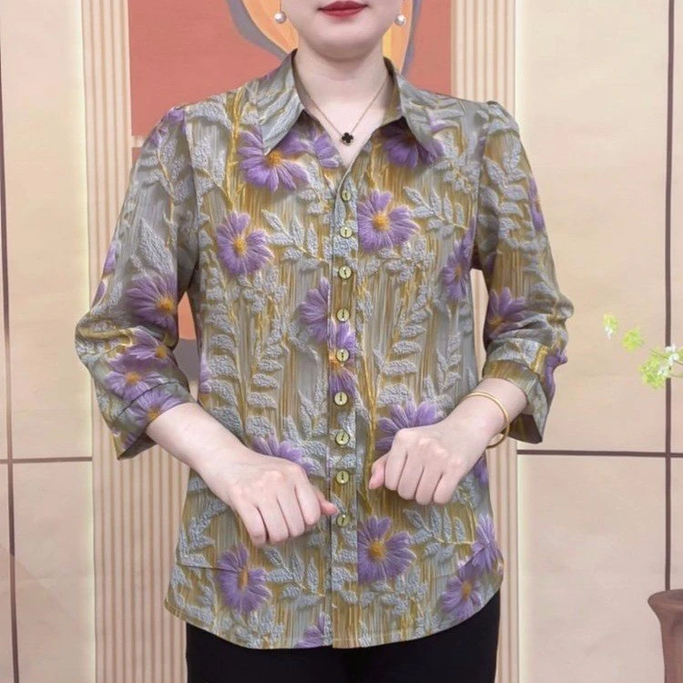 妈妈装夏季衬衫七分袖时尚印花中老年宽松气遮肚质显瘦开衫上衣