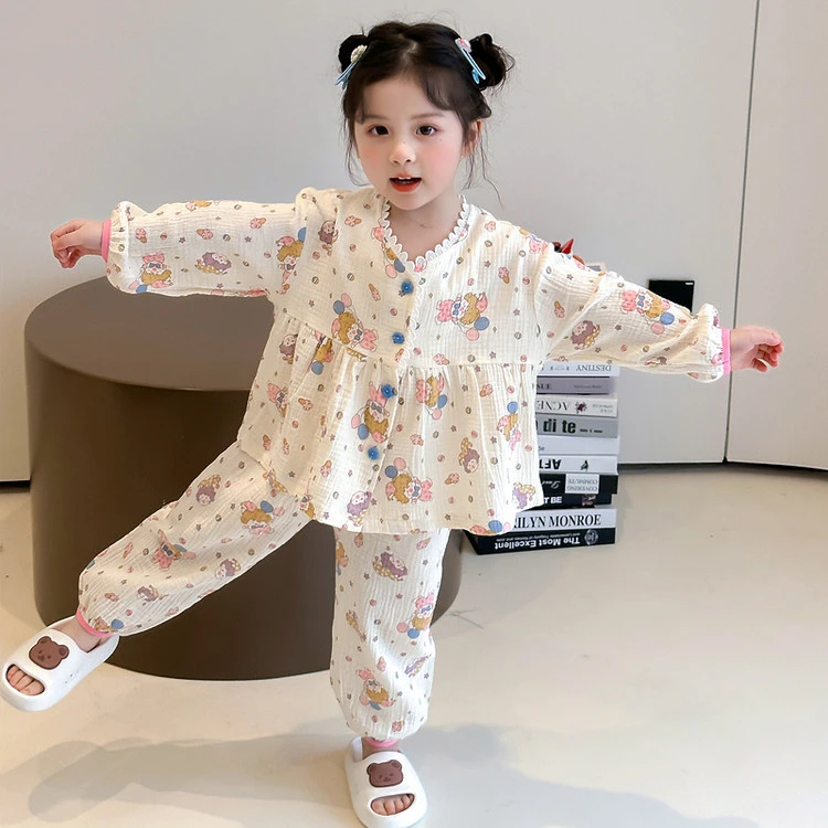可爱女童春秋家居服长袖纱布睡衣女宝宝A类纯棉1-6岁公主洋气小童