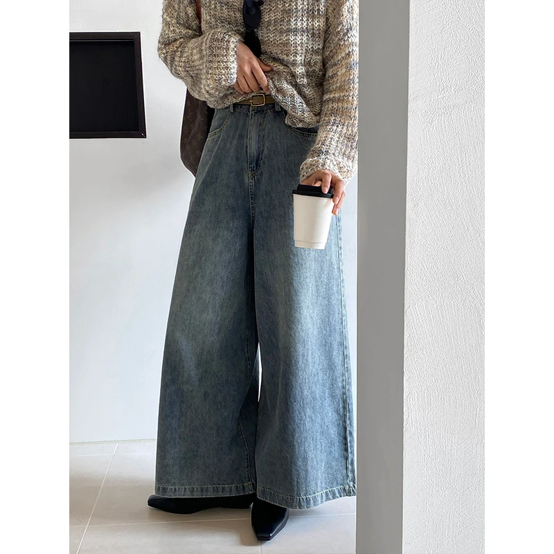 吹爆这条软牛仔裤！遮肉高腰直筒阔腿裤复古韩版休闲裤