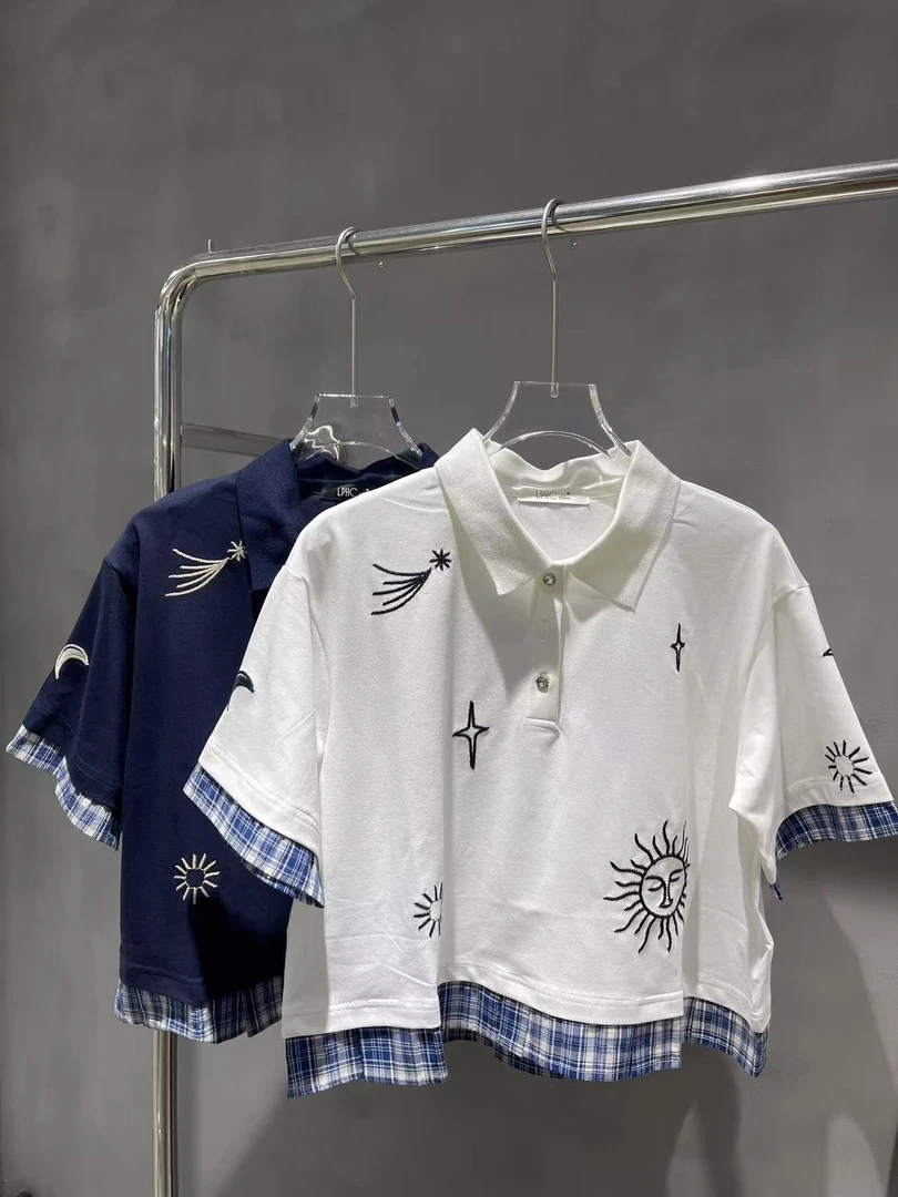 深圳南油原创2025新款太阳女神假两层蓝白短袖T恤10802