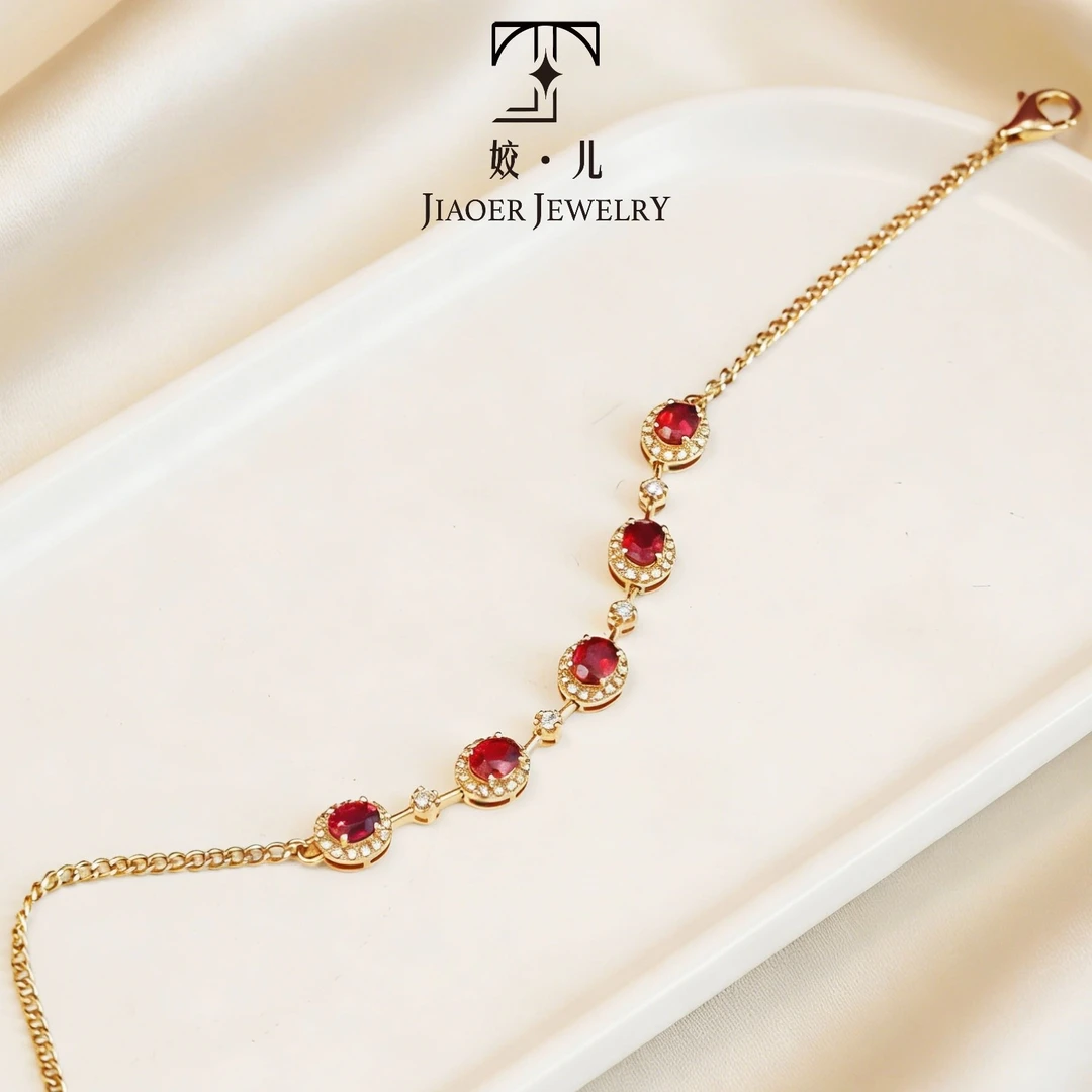 【姣儿珠宝】18K金1.64ct鸽血红宝石钻石手链气质百搭轻奢珠宝