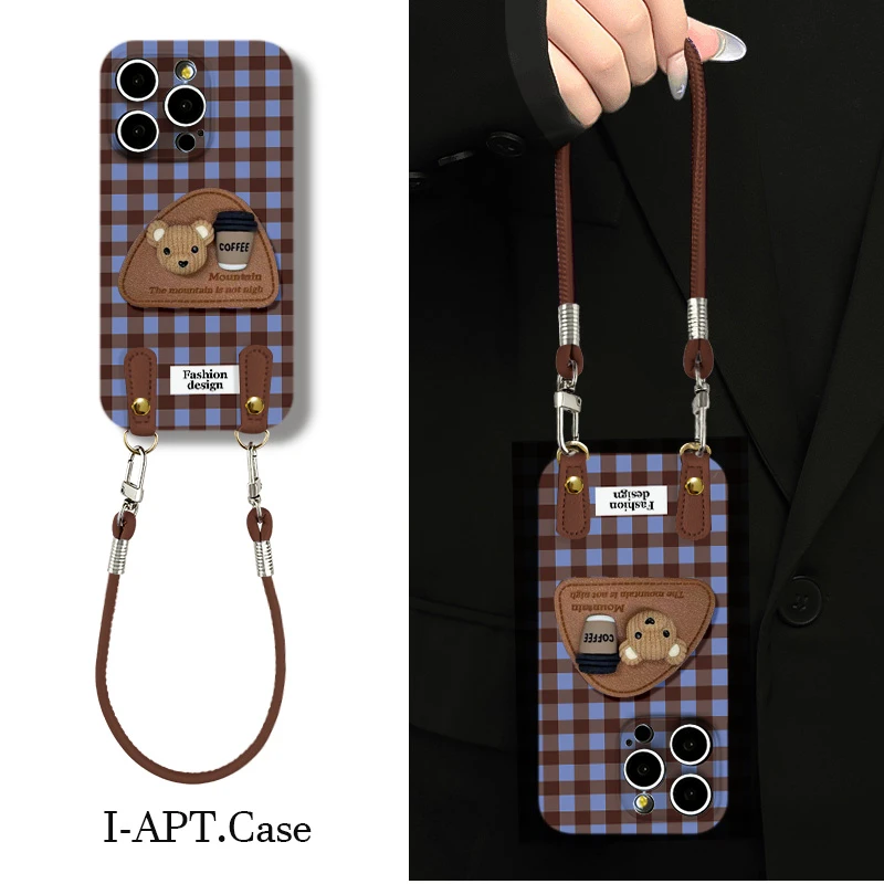 灰蓝条纹拼格子菲林软壳适用iPhone苹果16手机壳华为oppo小米vi