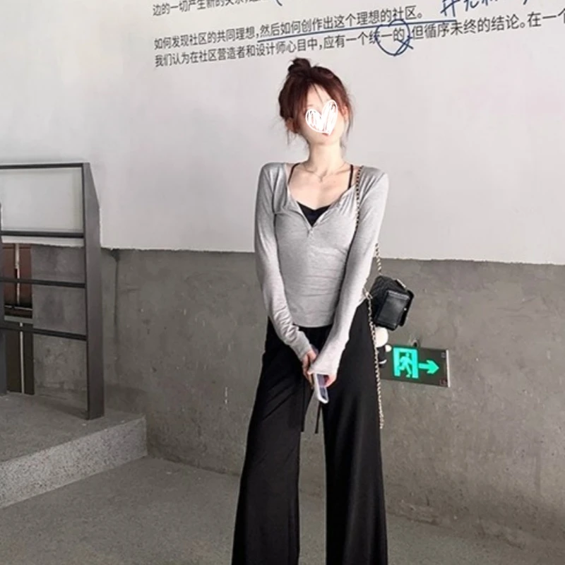 2025年早秋新款韩版高级设计感假两件长袖T恤修身显瘦纯欲女上衣