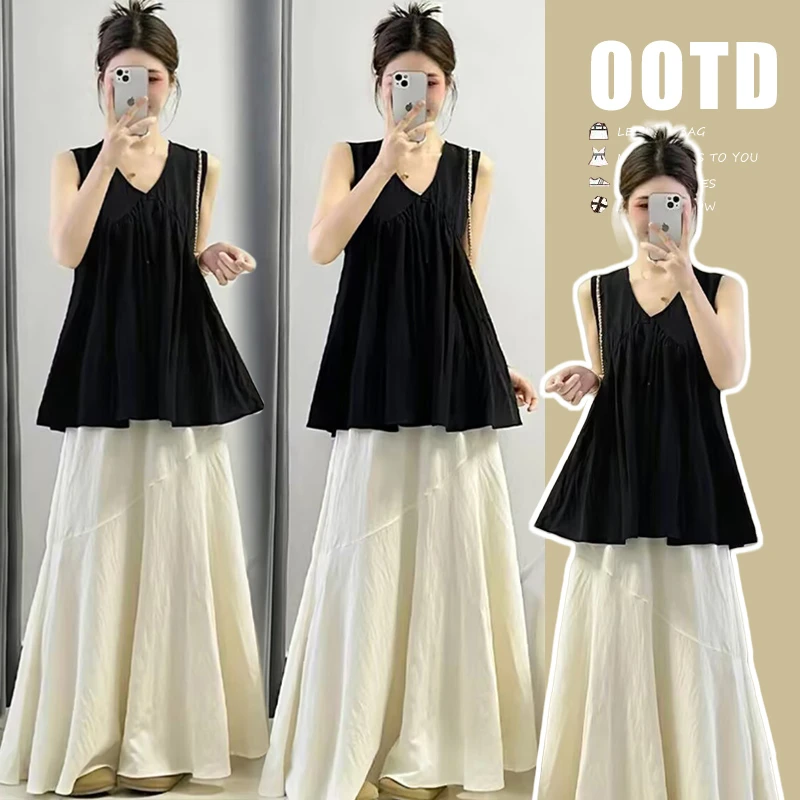 孕妇显瘦时尚法式V领无袖上衣鱼尾托腹半身裙两件套小个子夏季