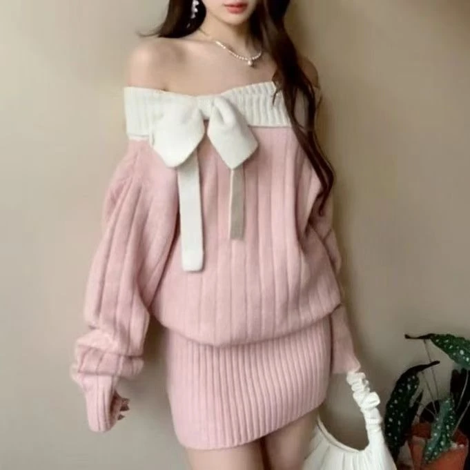 【高品质】蝴蝶结一字设计针织甜美秋冬新款长袖显瘦毛衣连衣裙20