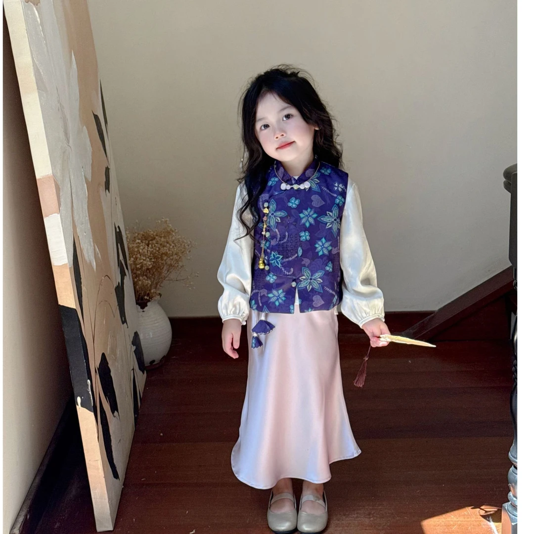 壹妈品质童装2025女童新中式旗袍儿童秋装中国风复古紫色马甲半裙