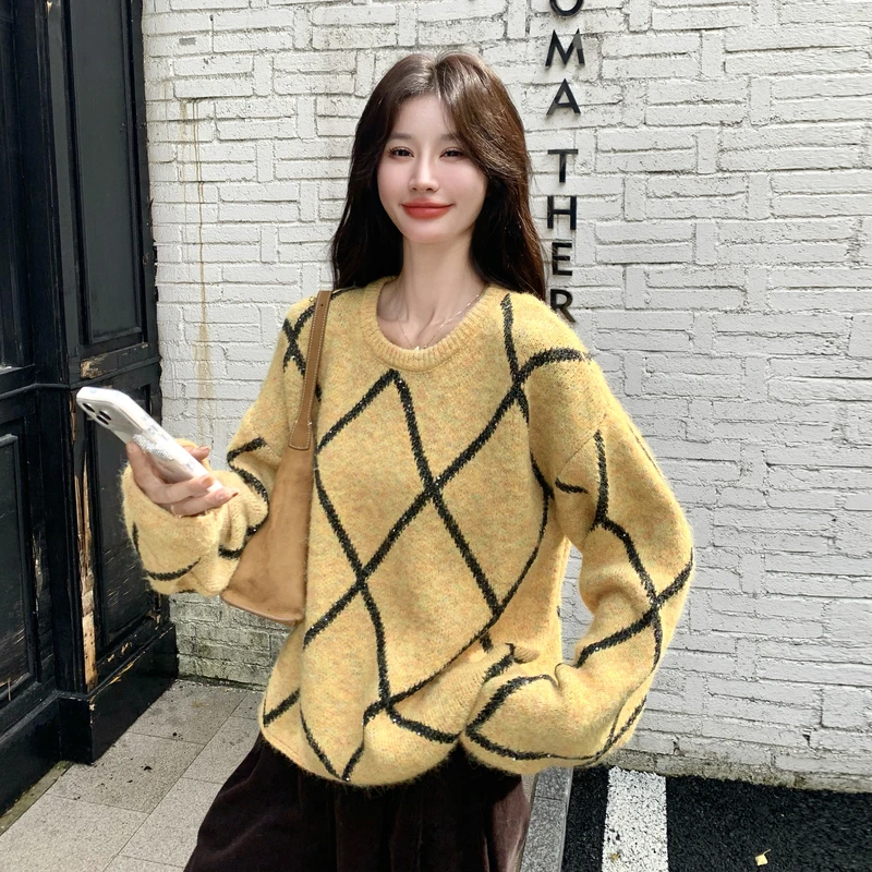 针织休闲菱形格冬季衫毛衣阔腿裤两件套女秋冬感保暖套头时尚加厚