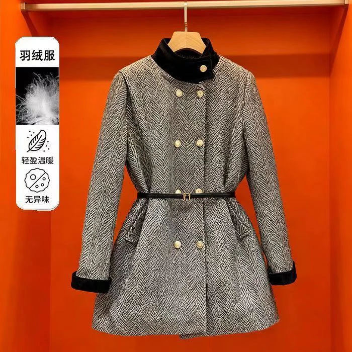 3057大码大香风编织收腰羊毛宽松中长款新款毛呢羽绒服小香风冬季