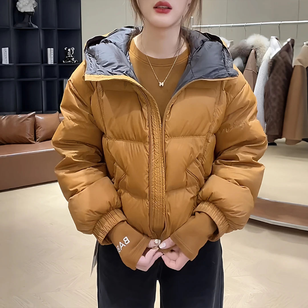 6114韩系时尚连帽短款长袖棉服女2025冬季加厚保暖宽松面包服外套