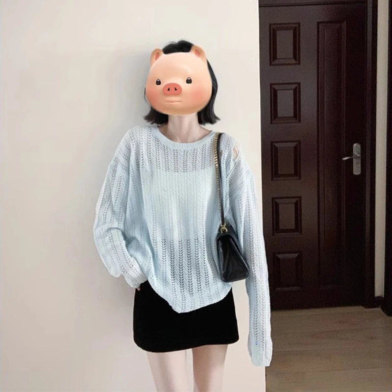 蓝色镂空破洞冰丝长袖针织衫女夏季薄款吊带外搭宽松空调罩衫上衣
