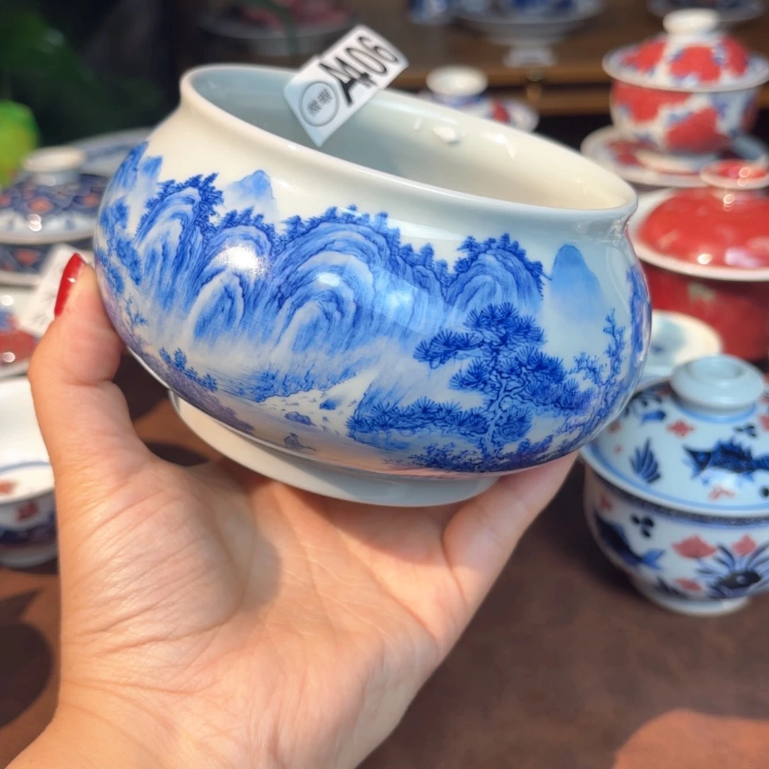 微瑕青花手绘山水茶洗