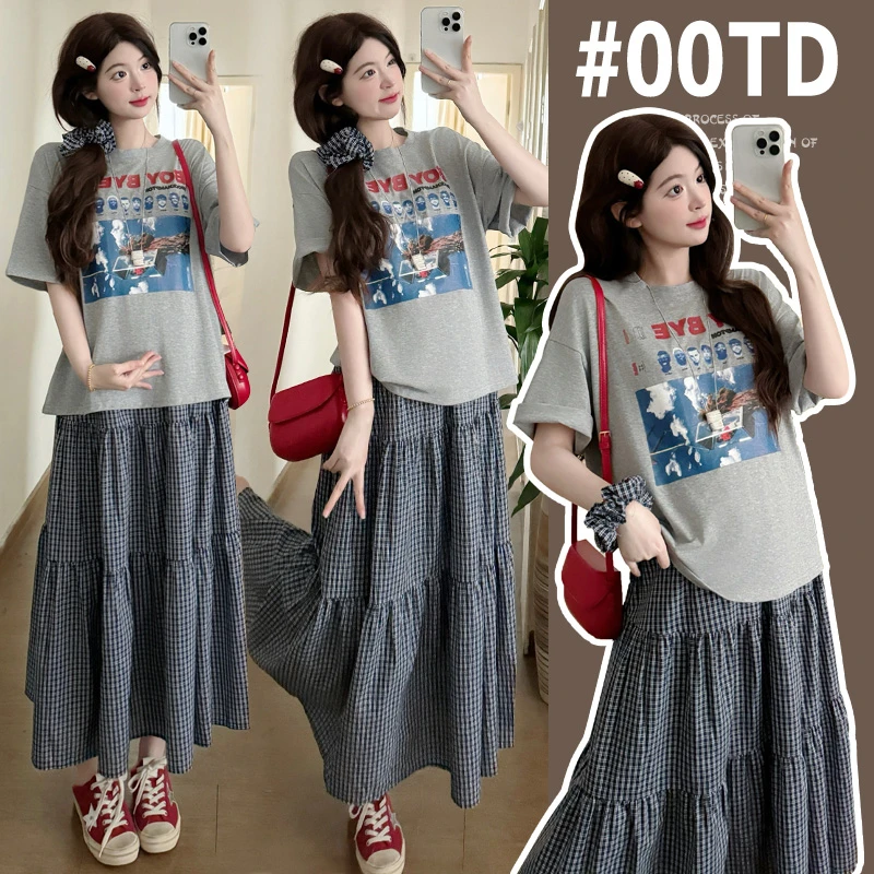 孕妇韩版慵懒风印花短袖上衣格子半身裙子夏季新款两件套辣妈潮