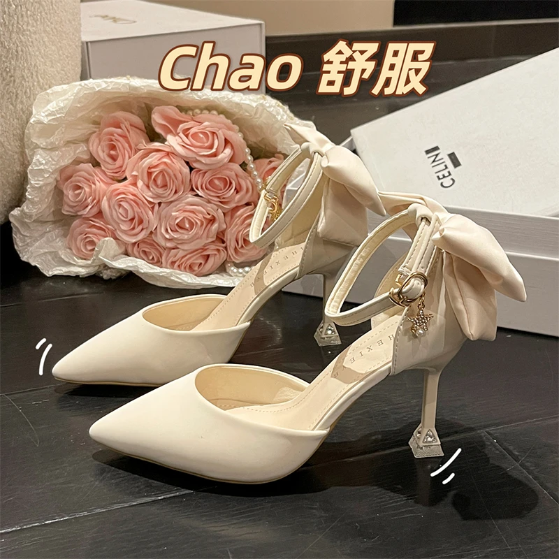 仙女风蝴蝶结细跟斩男高跟鞋女2025春季新款法式小众气质尖头单鞋