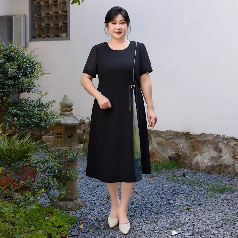 菲姐大码妈妈夏雪纺连衣裙假两件大码女装新中式国风裙子加肥加大