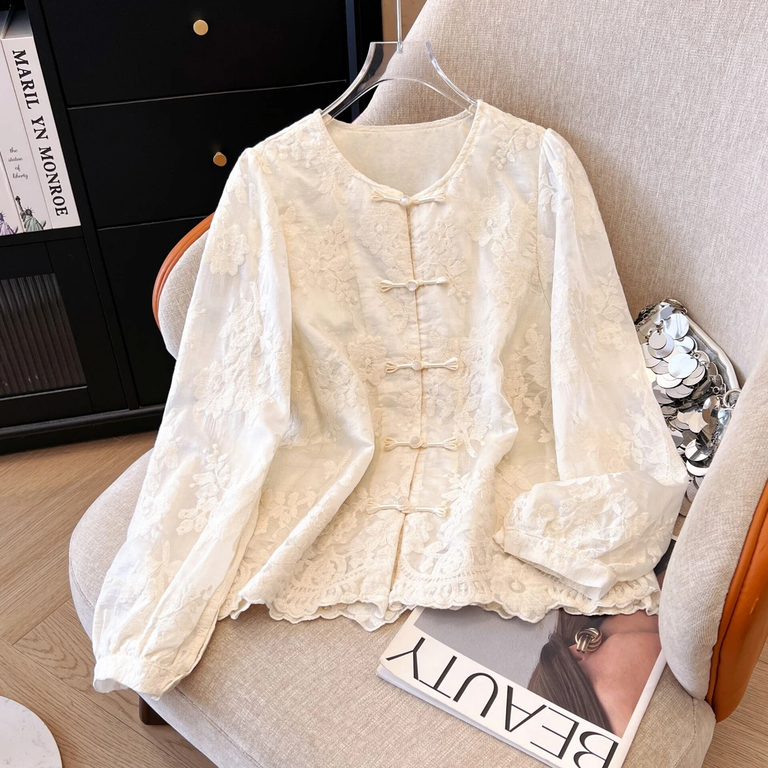 La Chapelle/拉夏贝尔2025提花衬衫上衣复古中式立领绣花长袖衬衣