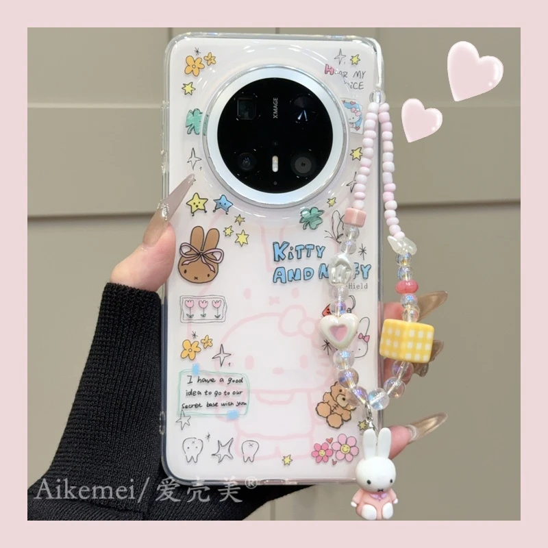 适用华为mate70pro+手机壳可爱卡通mate60pro+米菲兔头套KT猫链条