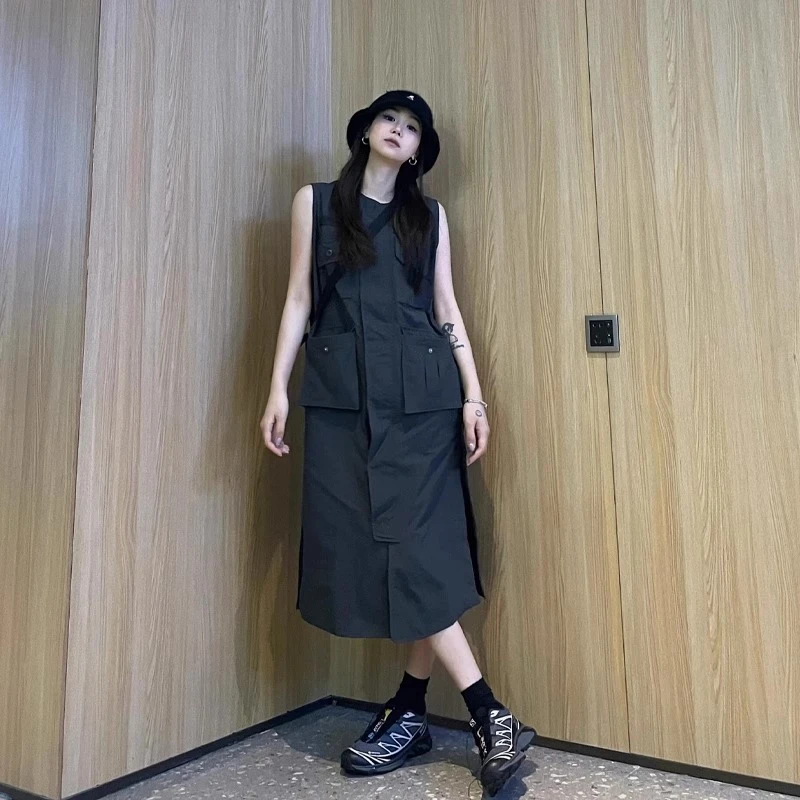 复古设计感工装连衣裙女夏季美式港风小众黑色无袖背心衬衫长裙子