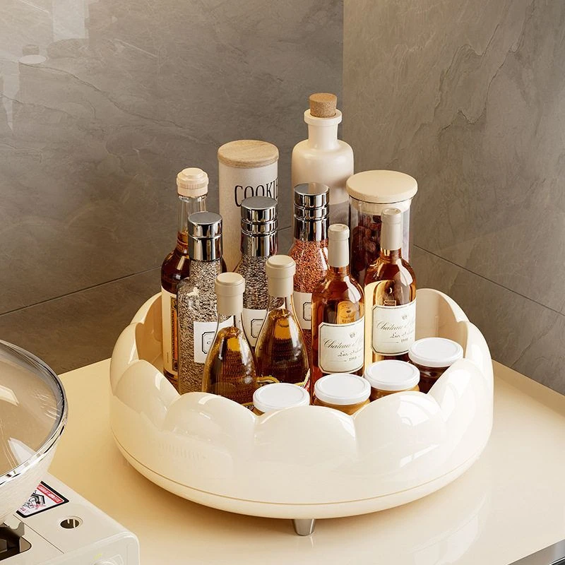 轻奢奶油风360°旋转置物架厨房台面多功能调料瓶罐化妆品收纳盘