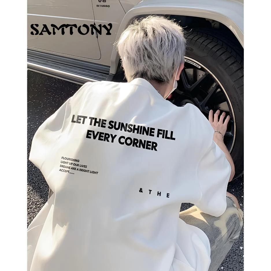 美式高街重磅纯棉白色短袖t恤男款夏季潮流潮牌宽松大码男生上衣