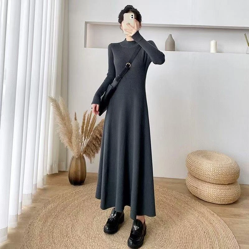 2025超长款毛衣裙过膝女春季新款半高领打底针织连衣裙长裙