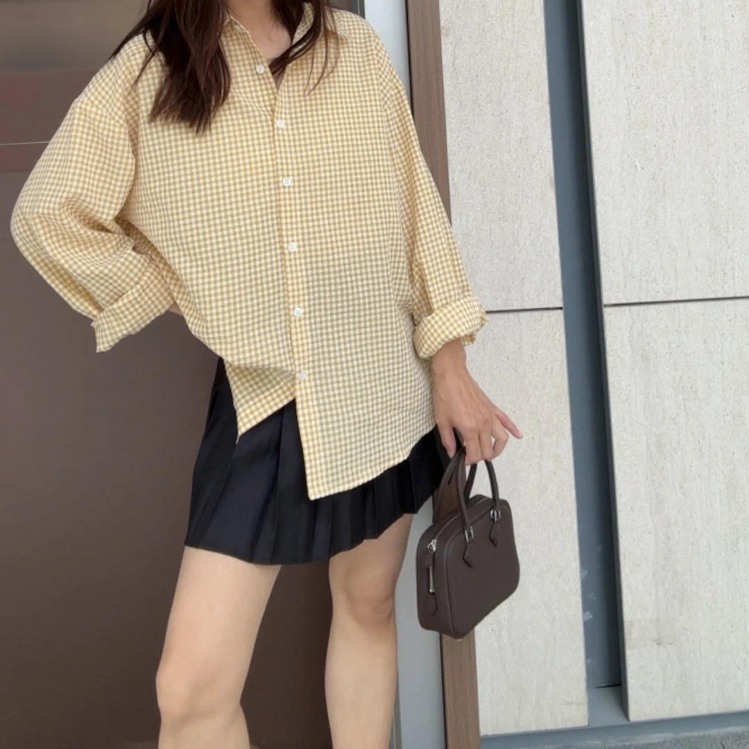 女士宽松法式复古蓝色格子条纹长袖衬衫春秋新款休闲通勤上衣