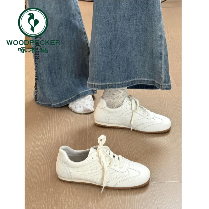 啄木鸟复古小白鞋女2025新款夏季百搭软底德训鞋防滑休闲运动板鞋