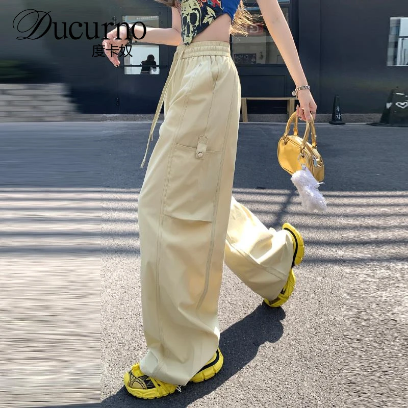 美式甜酷奶黄色街头束脚工装裤女夏季薄款速干登山休闲裤阔腿长裤
