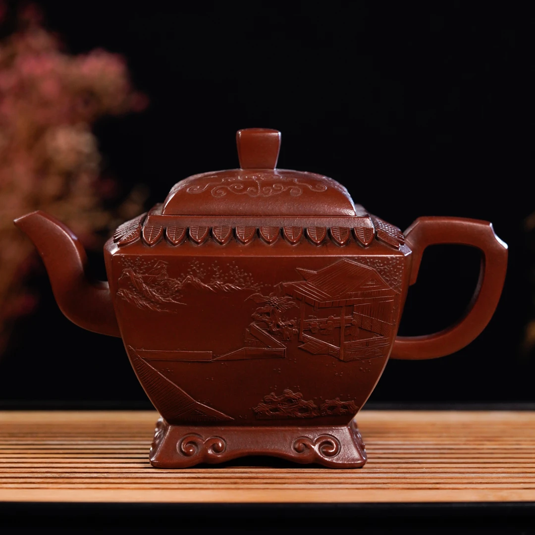 Z-MZS-32   毛振声 宜兴手工紫砂   四方诗文壶