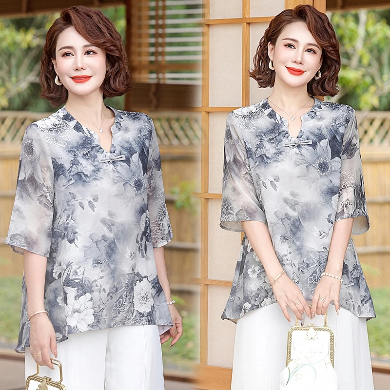 妈妈夏季新款短袖上衣新中式t恤洋气高贵小衫中老年女夏款印花