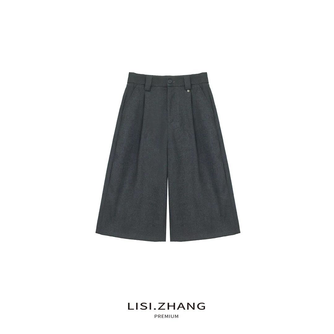 LISI.ZHANG--【毛呢中裤】腰节压褶立体薄款纯色时尚毛呢休闲五分裤