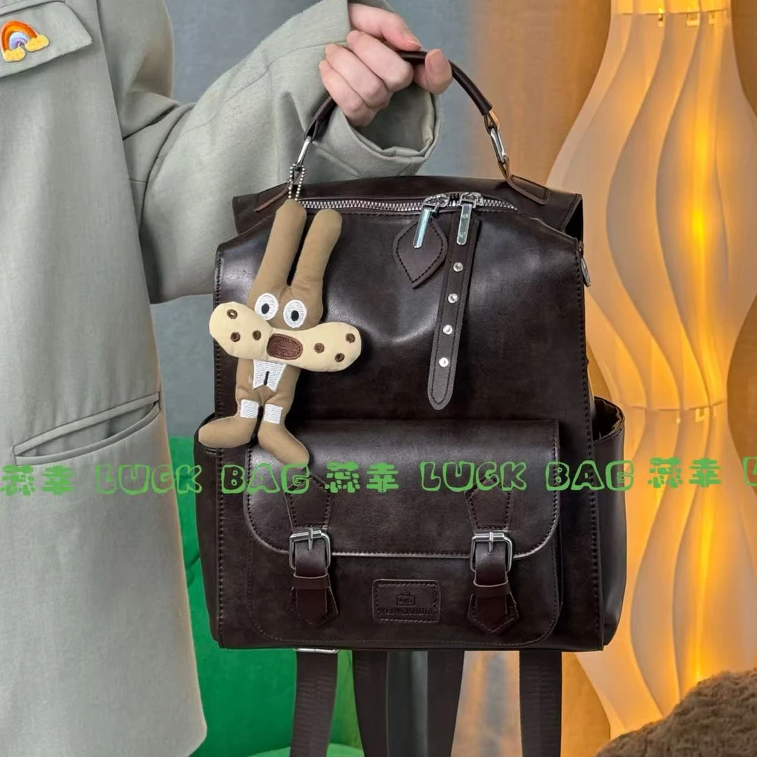 做旧法式耐磨纯色手提款轻职风拉链双肩包防脏