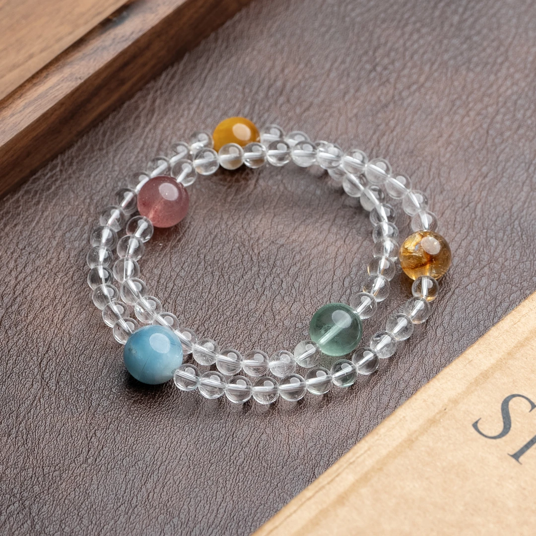 白水晶6mm多宝双圈手串圆珠潮流设计小众手链优雅气质五行