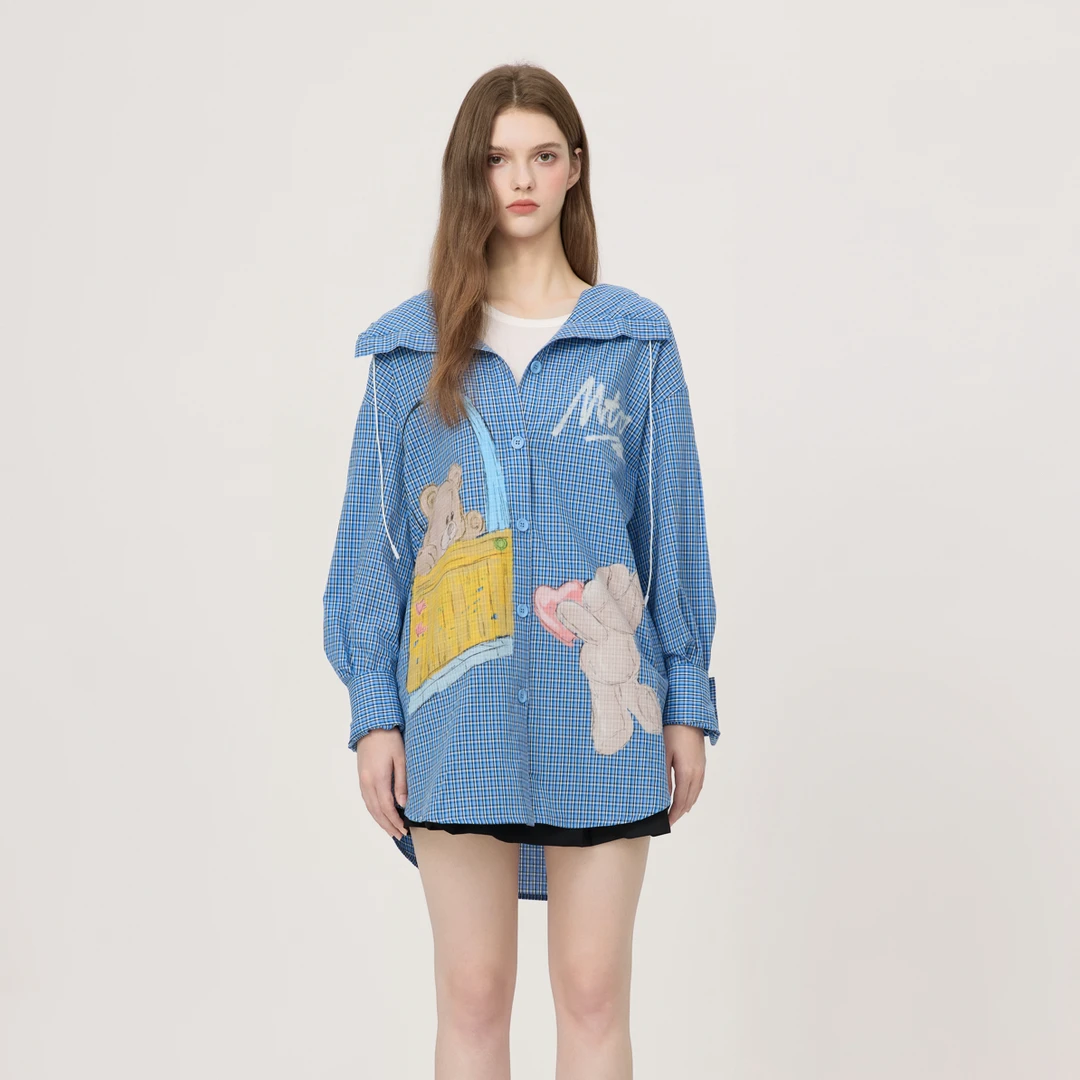 Mto Quinn |2025AW新品小熊印花格纹廓形衬衫