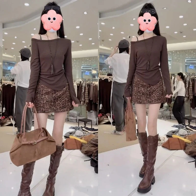 韩系早秋氛围感穿搭套装独特漂亮斜肩上衣女装高腰豹纹短裙两件套