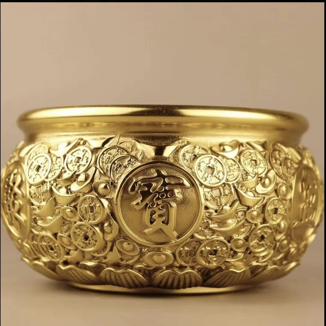 聚宝盆招财聚财黄铜制造实心铜碗铜盆家用客厅