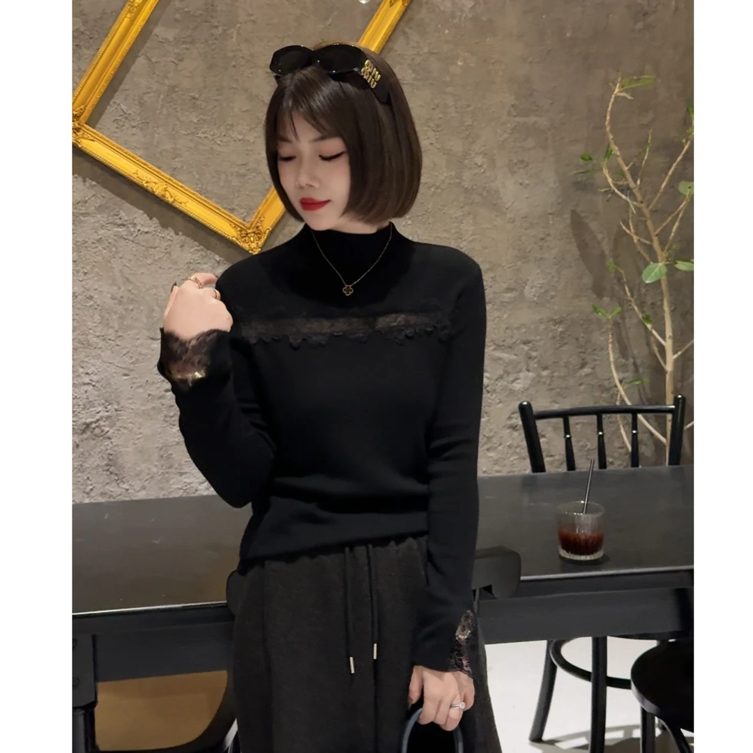 MY【若隐若现】冬季新款设计感半高领小心机针织衫重工蕾丝拼接上衣