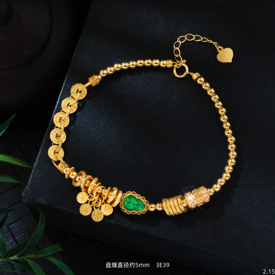 【金豆珠宝】岁岁安●年年富||18K金豪镶缅A翡葫芦五帝钱盘缠手串E