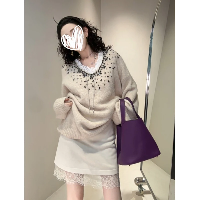 设计感镶钻V领蕾丝拼接针织套头毛衣时尚简约上衣